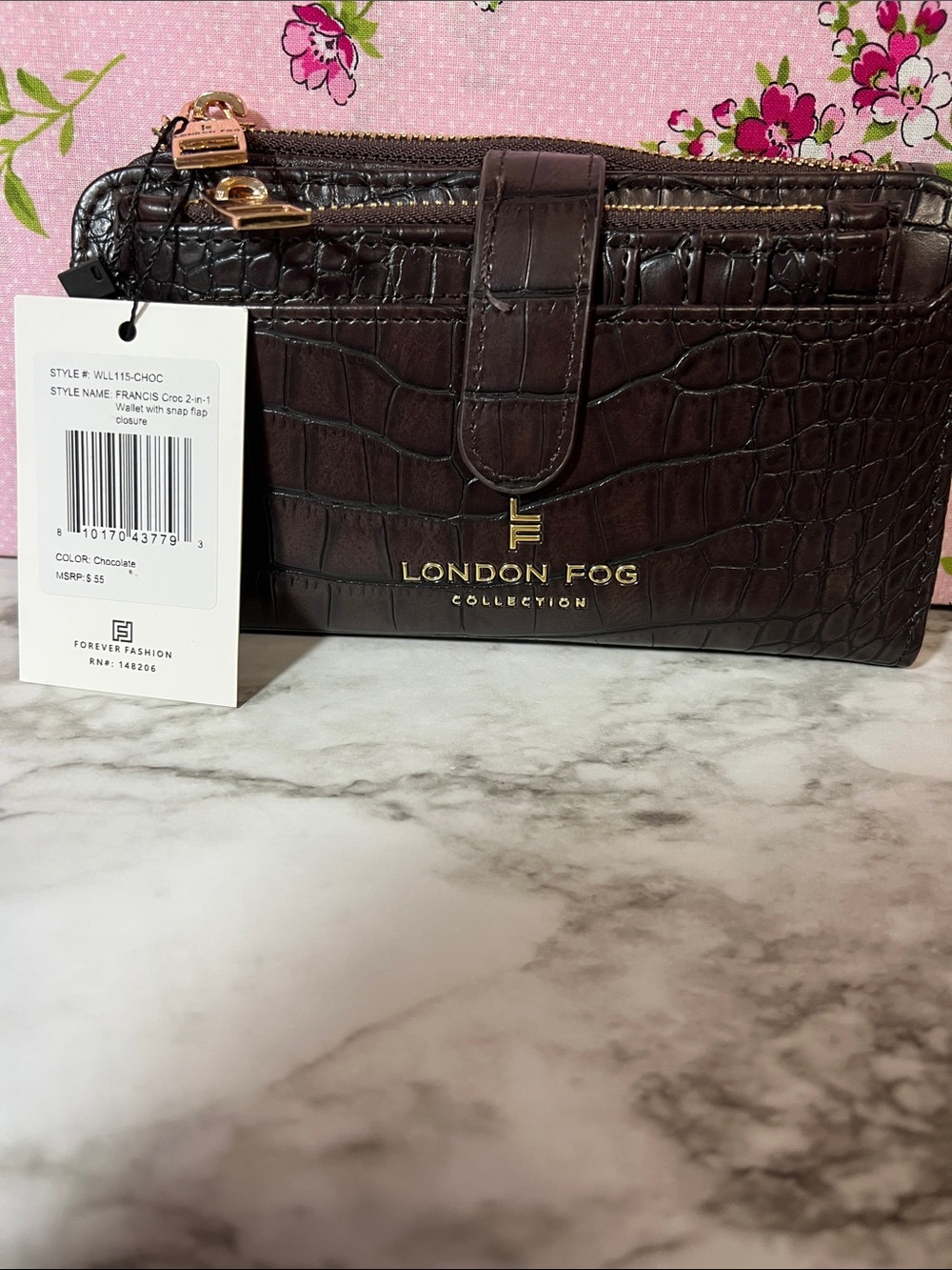 London Fog Dark Brown Croc-Embossed Women's Wallet with Gold Hardware